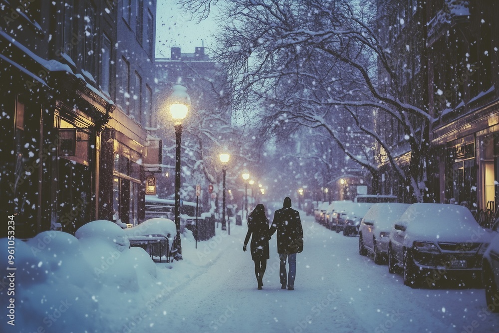 A couple holding hands and walking on a snow-covered street at night, illuminated by streetlights and falling snowflakes. A couple holding hands and walking on a snow-covered street at night, illuminated by streetlights and falling snowflakes.