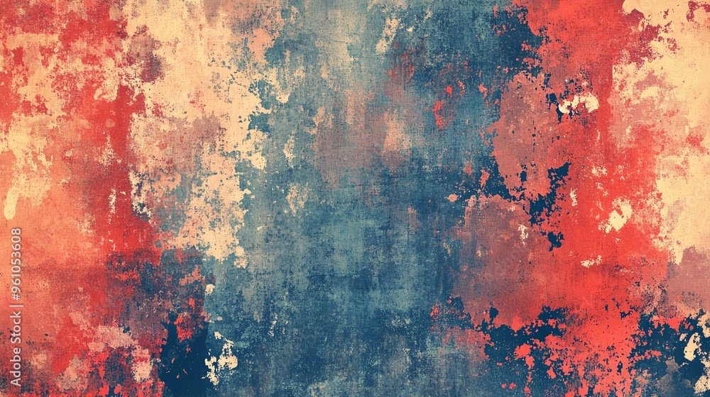 Obraz premium Grunge background with blue, red, and orange paint splatters.