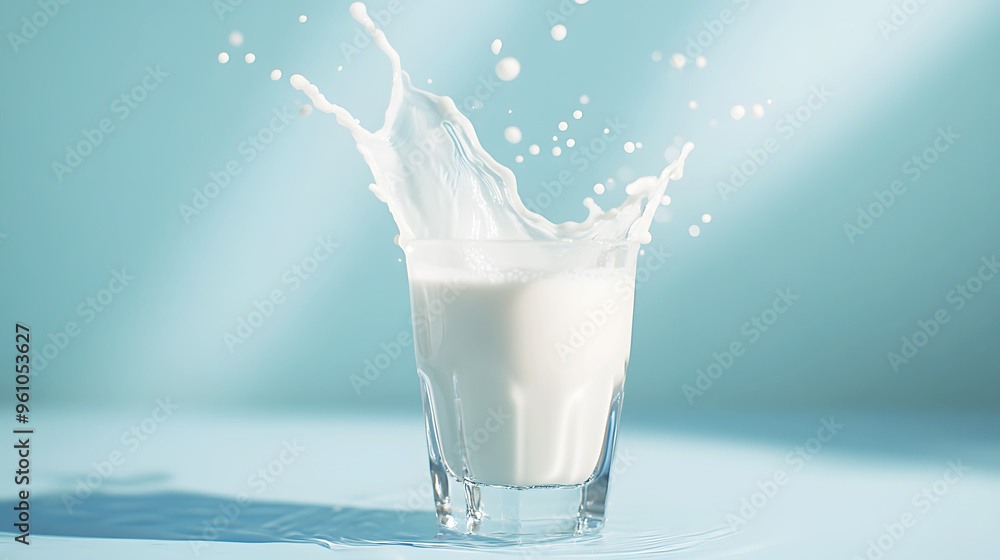 Milk splashing softly out of a glass, the motion captured in a gentle, almost serene manner against a light blue backdrop Milk splashing softly out of a glass, the motion captured in a gentle, almost serene manner against a light blue backdrop