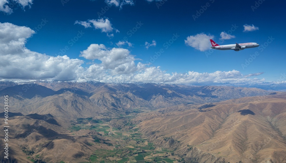 Airplane Flying Over Mountain Range. Airplane Flying Over Mountain Range.