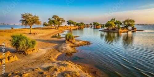 A haunting image of Lake Chad's receding shoreline, dramatically impacted by climate change and human activity in the afternoon. photo