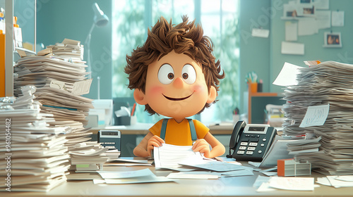 Cartoon character at a help desk in an office, surrounded by ringing phones and stacks of papers photo