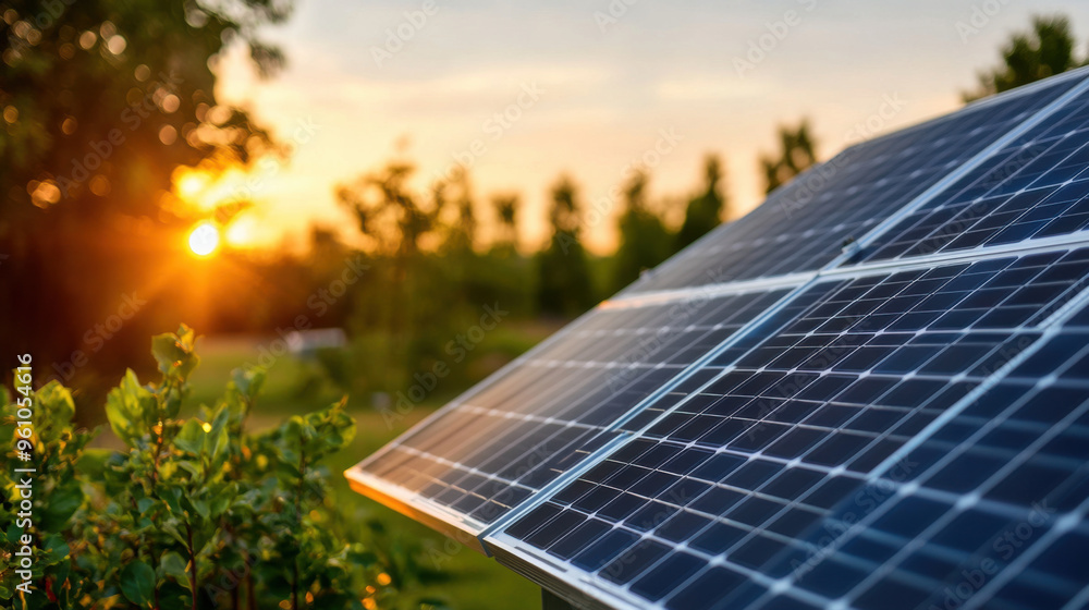 Fototapeta premium Solar panels installed in a green landscape during sunset, highlighting renewable energy and sustainability in a natural setting.