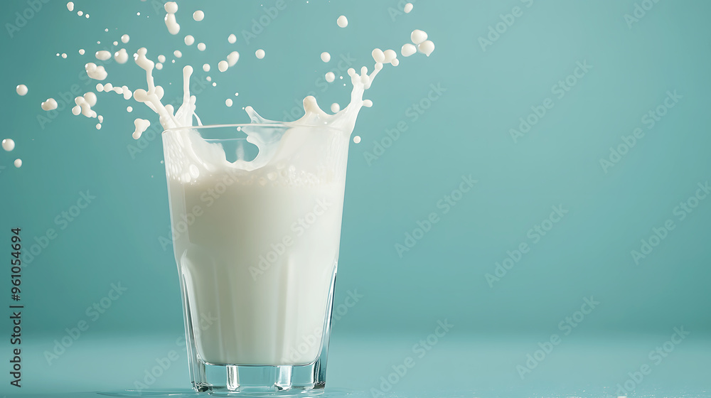 Milk splashing gently from a glass, with a delicate motion that creates a serene feeling against a soft blue background Milk splashing gently from a glass, with a delicate motion that creates a serene feeling against a soft blue background