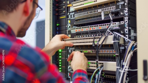 Technician working on server rack
