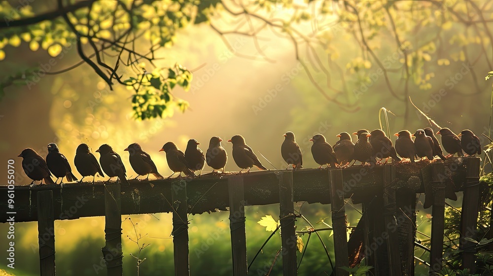 Obraz premium birds perched on a fence, their melodic songs filling the air with nature's symphony.