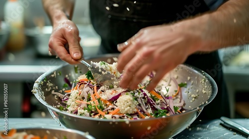 Fresh baby cot slaw millet crab rocks and salad dressing are mixed by a hand chef