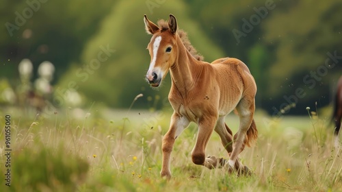 A little pony in a meadow, exploring its surroundings with curiosity and enthusiasm.