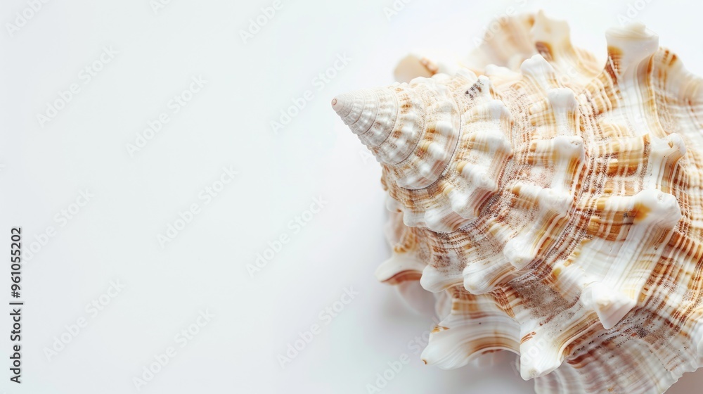 Ocean seashell in close-up on white backdrop Ocean seashell in close-up on white backdrop