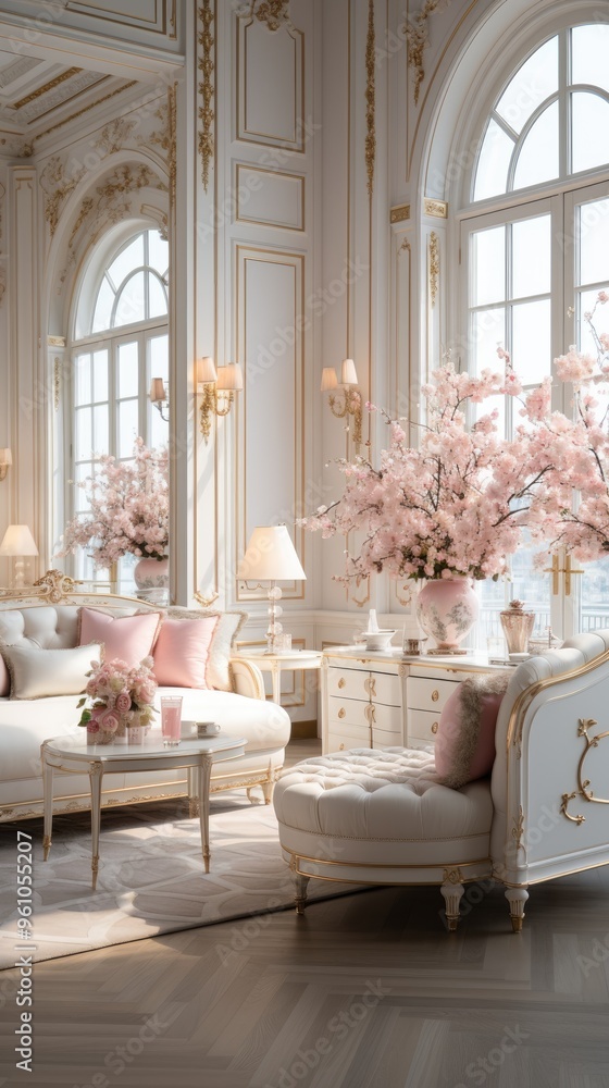 luxury delicate interior of the living room and bedroom in light colors with expensive chic carved furniture in classic style luxury delicate interior of the living room and bedroom in light colors with expensive chic carved furniture in classic style