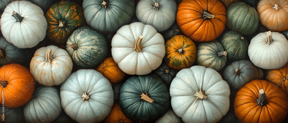 realistic top view painting of pumpkins in various shapes and sizes, featuring green and white pumpkins, with muted colors realistic top view painting of pumpkins in various shapes and sizes, featuring green and white pumpkins, with muted colors