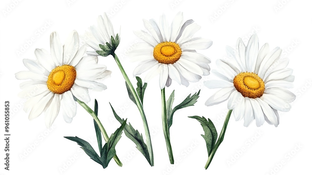 Fototapeta premium Hand-Painted Realistic White Daisy Bouquet, Capturing the Natural Beauty and Delicate Details of Each Flower. Ideal for Floral Art Enthusiasts and Home Decor