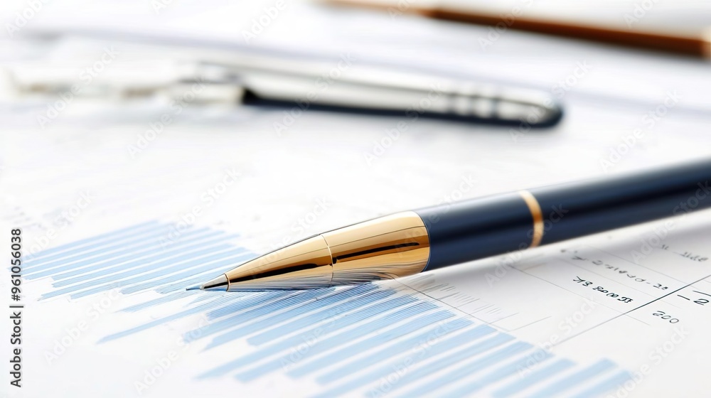 Closeup of a gold and blue pen on a financial chart. Closeup of a gold and blue pen on a financial chart.