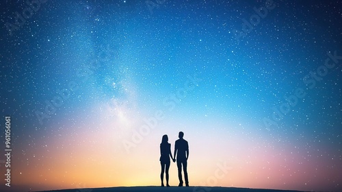 starry night sky with a silhouette of a couple holding hands romantically.