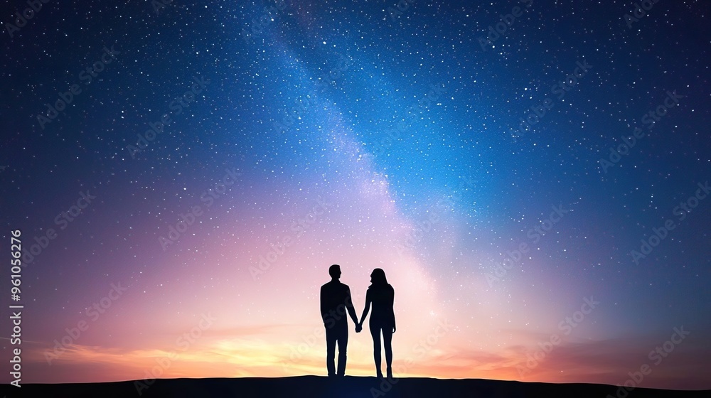 Fototapeta premium Silhouette of a couple holding hands under a starry night sky.