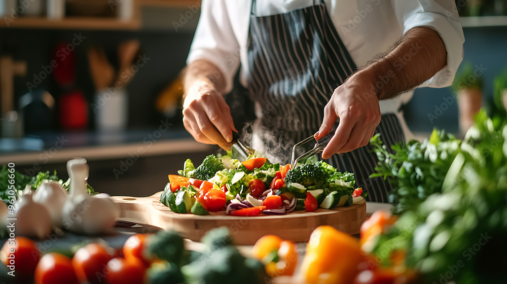 A nutritionist preparing a colorful salad with fresh vegetables in a bright kitchen A nutritionist preparing a colorful salad with fresh vegetables in a bright kitchen