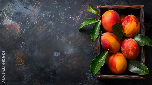Mango with leaves in wooden box on dark background.