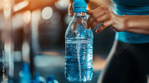 A person filling a reusable water bottle with fresh water, preparing for a workout 