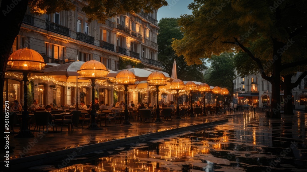 Fototapeta premium Luxury hotel in Munich, Germany showcasing elegant architecture during a beautiful sunset 