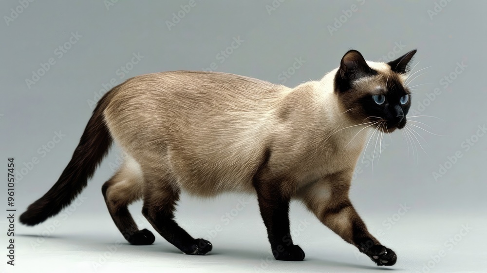A slender Siamese cat walks gracefully around the house like a queen. A slender Siamese cat walks gracefully around the house like a queen.