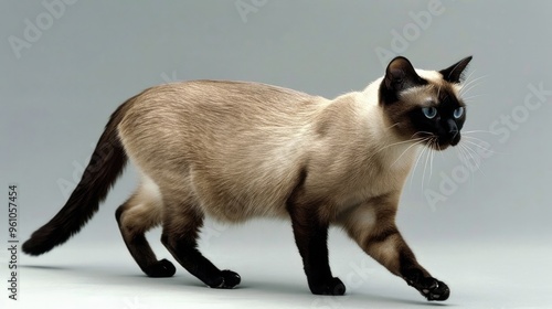 A slender Siamese cat walks gracefully around the house like a queen.
