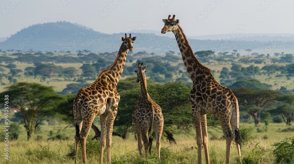 Fototapeta premium Giraffes graze on acacia trees on the African plains. Their long necks and gentle demeanor captivate observers.