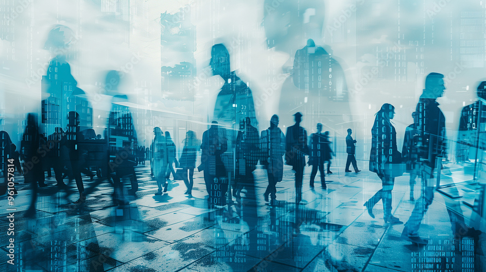 Futuristic city with silhouettes of people walking through urban streets and digital overlay Futuristic city with silhouettes of people walking through urban streets and digital overlay