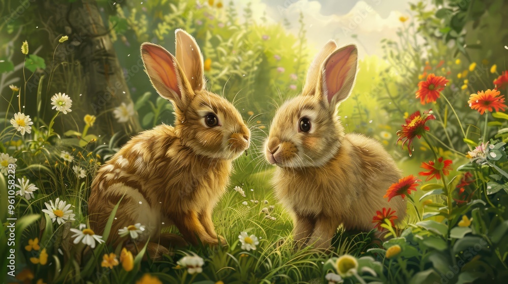 A rabbit is playing in the garden, its cheerful expression and wagging nose adding charm to the environment. A rabbit is playing in the garden, its cheerful expression and wagging nose adding charm to the environment.