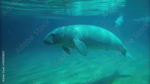 Dugong swimming gracefully underwater in the deep blue sea, marine mammal, sea cow