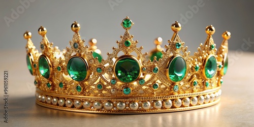 Luxurious golden crown with emerald jewels and diamonds on a neutral background, luxury, golden, crown, emerald, jewel