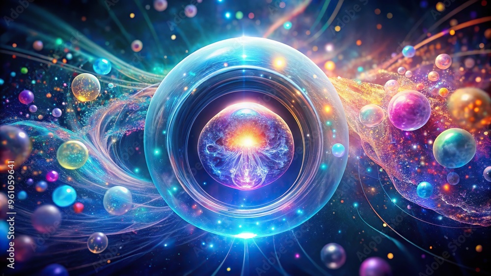 Fototapeta premium Abstract background with luminous swirling elegant glowing circles, sparking particles in a space tunnel, and glossy jellyfish