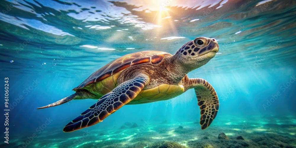 Fototapeta premium Turtle swimming gracefully in the ocean, tropical, wildlife, marine life, underwater, reef, aquatic, beautiful, nature