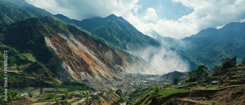 Mountainous landslide event triggered by earthquake massive rockfall and dirt flowing into valley