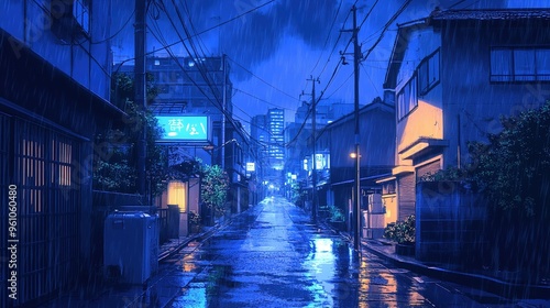 Lofi Beautiful Japanese Japan Tokyo City Town at Rainy Rain Night - House at Street Anime Comic Artstyle Cozy Peaceful Peace Asian Wallpaper Background
 photo