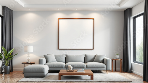 Mock up poster frame in minimalist modern interior room background, natural wooden table and cozy, 3d render