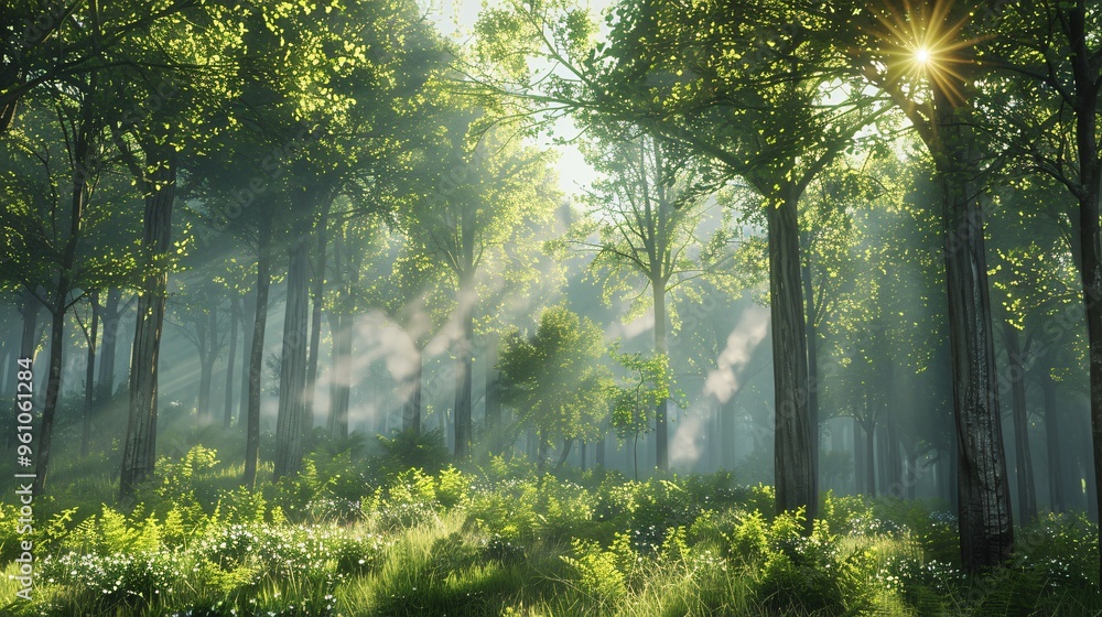 Fototapeta premium Sunbeams Shining Through Trees in a Misty Forest