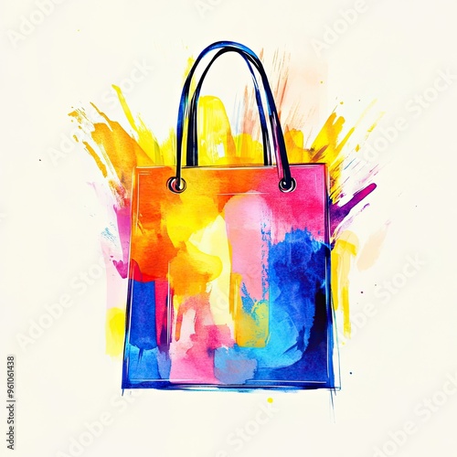 Vibrant watercolor illustration of a shopping bag with colorful splashes, perfect for retail and fashion themes.