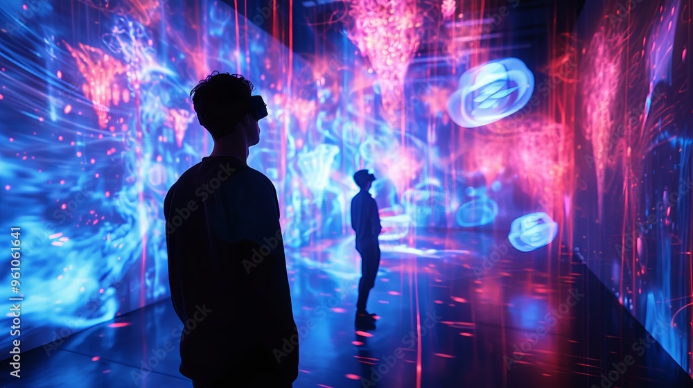 Two people in a dark room explore a futuristic digital environment filled with vibrant colors and abstract shapes while wearing VR headsets. The glowing visuals create an immersive and otherworldly Two people in a dark room explore a futuristic digital environment filled with vibrant colors and abstract shapes while wearing VR headsets. The glowing visuals create an immersive and otherworldly