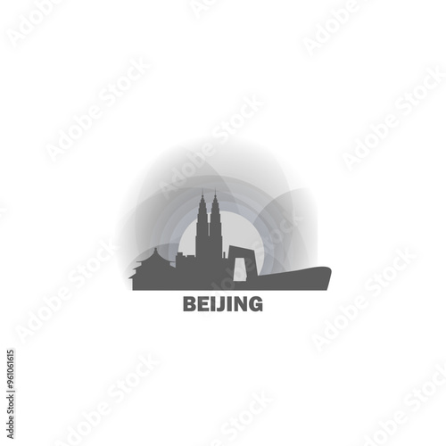 Beijing skyline, downtown panorama logo, logotype. China capital city badge contour, isolated vector pictogram with temple, skyscrapers, landmarks, towers at sunset, sunrise