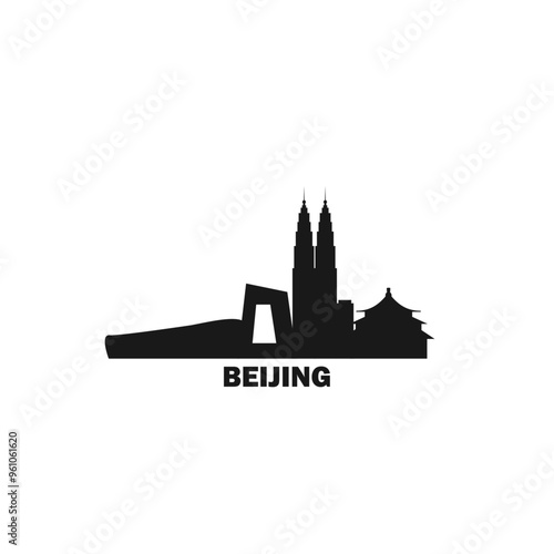 Beijing skyline, downtown panorama logo, logotype. China capital city badge contour, isolated vector pictogram with temple, skyscrapers, landmarks, towers