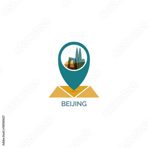 China Beijing map pin point geolocation modern skyline shape pointer vector logo icon isolated illustration. Web emblem idea with landmarks and building silhouettes