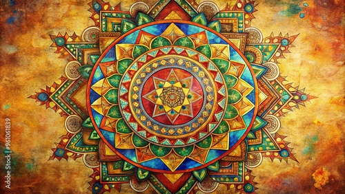 Colorful vintage mandala on ancient Indian vedic background with mathematical shapes in a painting texture