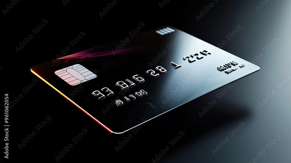 Stylish credit card on a sleek black surface, showcasing modern design and technology in finance and payment solutions. Stylish credit card on a sleek black surface, showcasing modern design and technology in finance and payment solutions.