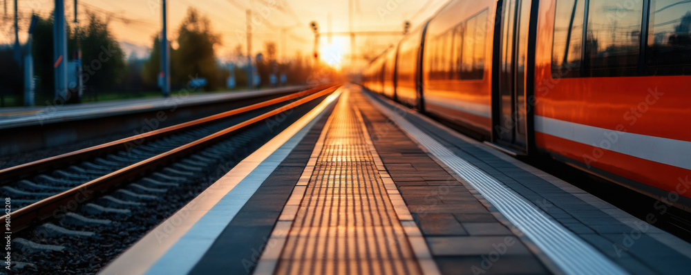Vibrant image of a high-speed train passing through a railway station at sunrise, with warm sunlight reflecting off the tracks. Vibrant image of a high-speed train passing through a railway station at sunrise, with warm sunlight reflecting off the tracks.
