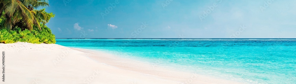 pristine tropical beach with azure waters and lush palm trees. pristine tropical beach with azure waters and lush palm trees.