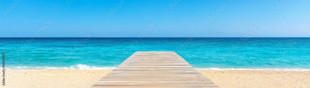 tranquil beachscape wooden pier extending into turquoise waters with golden sand and clear blue sky tranquil beachscape wooden pier extending into turquoise waters with golden sand and clear blue sky