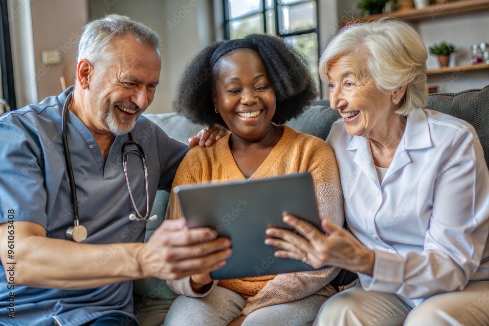 Doctor and patients smiling while using tablet on couch Doctor and patients smiling while using tablet on couch