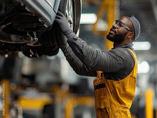 Technician using a car jack to raise a vehicle for undercarriage inspection