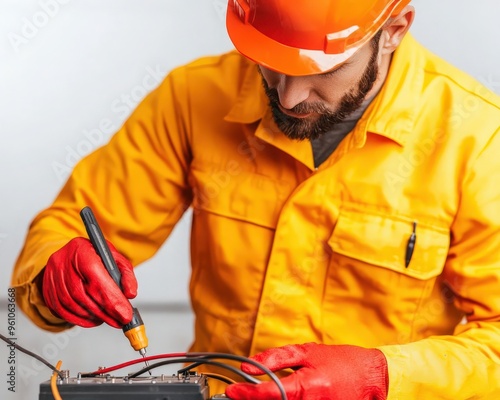 Close-up of a technician checking a car battery with a multimeter photo