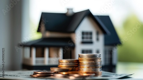 Stack of coins in front of a miniature house symbolizes investment and financial growth in real estate.